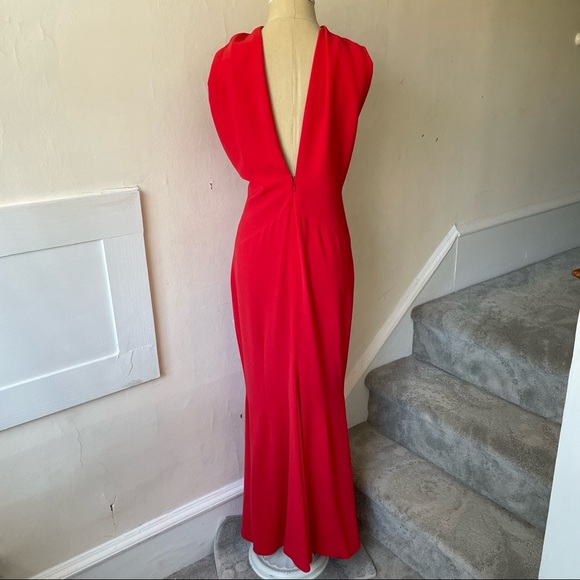 Talbot Runhof Red Crepe Golatta Draped High-Slit Split-Shoulder Halter Gown Sz 6 - Picture 4 of 12